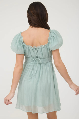 BALLOON SLEEVE RUFFLE TRIM BACK LACE UP MINI DRESS