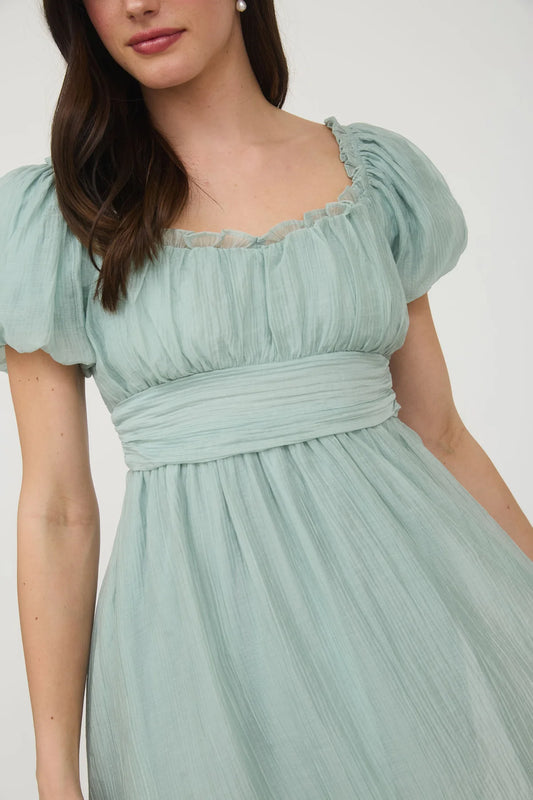 BALLOON SLEEVE RUFFLE TRIM BACK LACE UP MINI DRESS