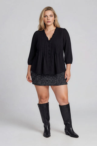 3/4 Sleeve Ruffle Trim Pintuck Top