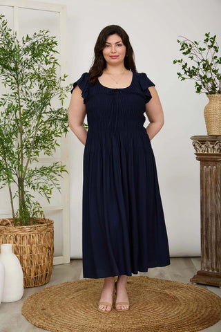 Shirred Bodice Ruffle Sleeve Midi Dress