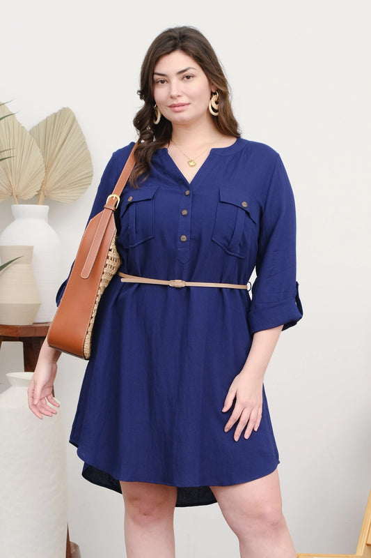 3/4 Sleeve Belted Mini Dress