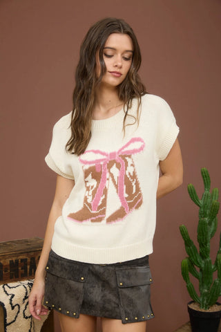 Boot Bow Short Sleeve Knit Sweater