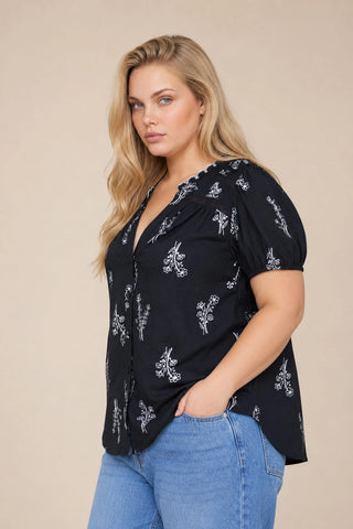 Floral Line Print Button Short Sleeve Top