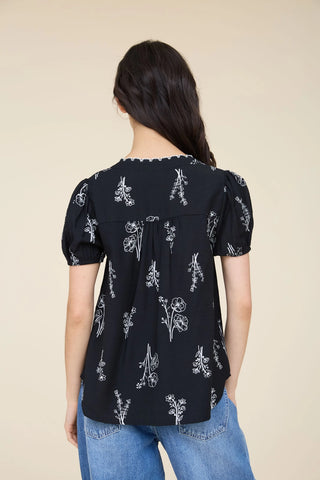 Floral Line Print Button Short Sleeve Top