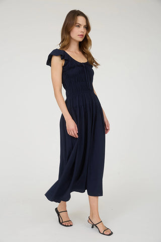 Shirred Bodice Ruffle Sleeve Midi Dress