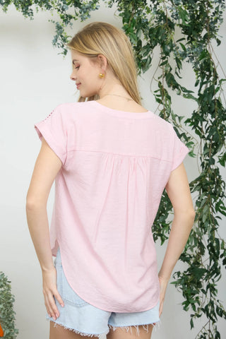 Half Button Lace Trim Woven Top