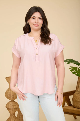 Half Button Lace Trim Woven Top