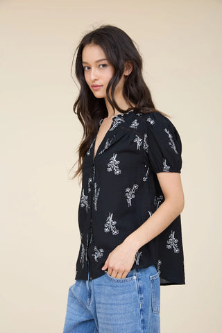 Floral Line Print Button Short Sleeve Top