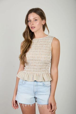 Stripe Sleeveless Smocked Blouse in Khaki