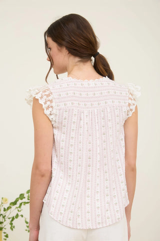 Stripe Floral V Neck Lace Trim Top