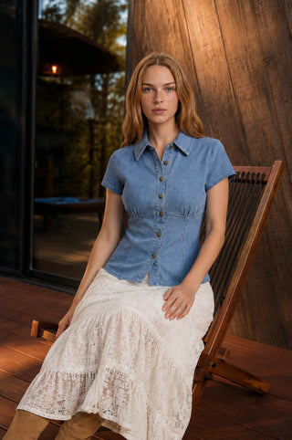 Collared Denim Cinched Waist Top