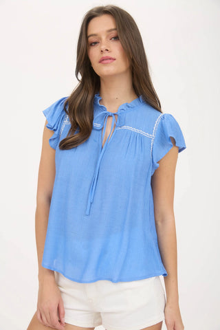 Embroidery Ruffle Front  Tie Top