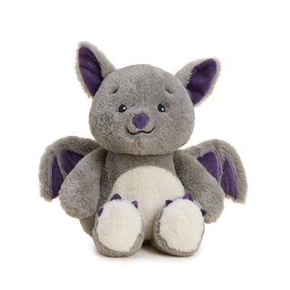 A plush toy bat in gray with purple inner ears, wings, and nose, and a cream-colored belly and paws, 