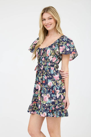 Floral Front Tie Tiered Mini Dress