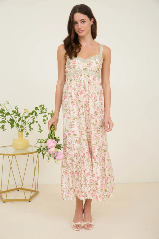 Floral Lace Trim Ribbon Strap Back Tie Midi Dress