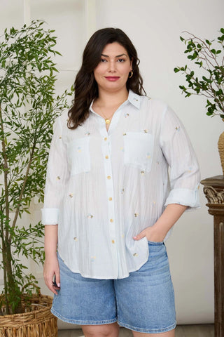 Light as a breeze and lovely in every detail, this stripe woven button-down is the kind of top you'll reach for again and again. Delicate floral embroidery scattered across a crisp white ground gives it that boutique-special touch — dressed up with trousers or relaxed with your favorite denim shorts.