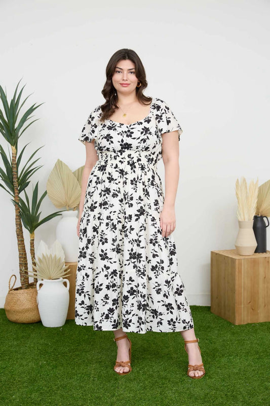 Floral Scoop Neck Flounce Sleeve Tiered Midi Dress