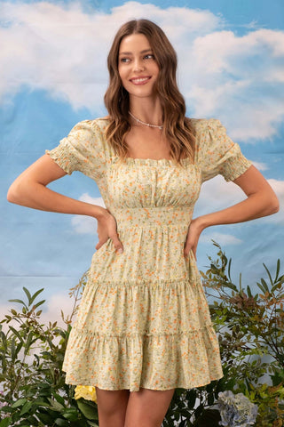 Floral Square Neck Tiered Mini Dress