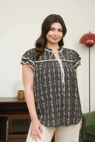 Stripe Floral Tie Front Ruffle Top