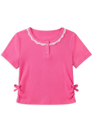 Girl's Ribbed Knit Fashion Top w/ Lace Trim & Ruched Sides