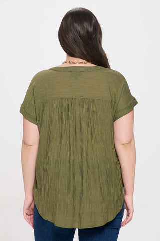 Pinstripe Short Cuff Woven Top