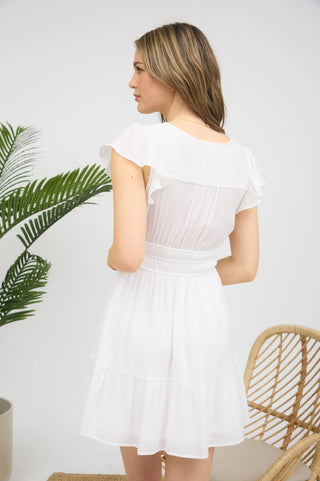 V Neck Ruffle Shirred MIni Dress