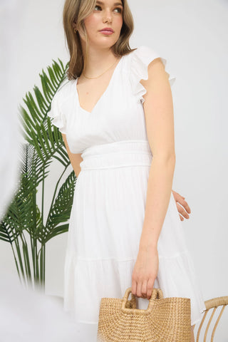 V Neck Ruffle Shirred MIni Dress