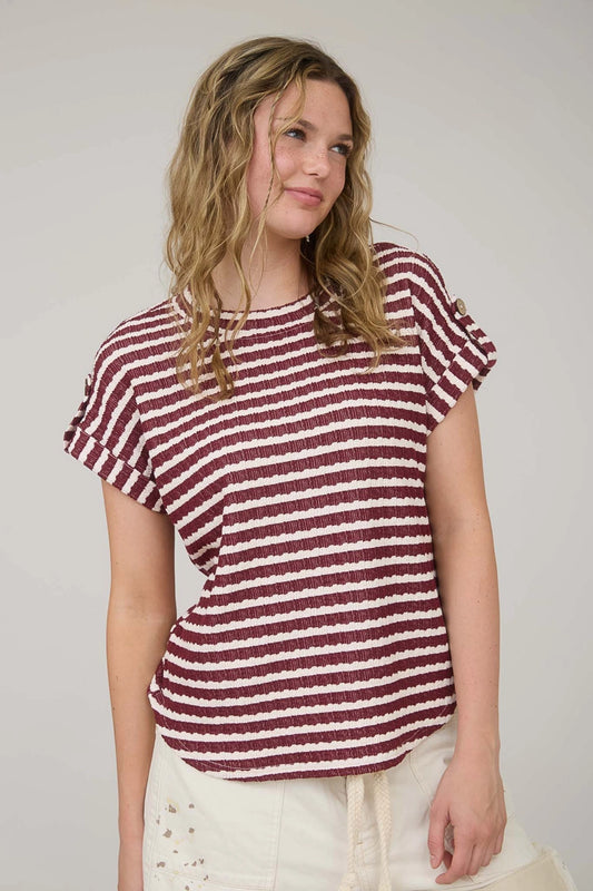 Stripe Textured Knit Short Tab Sleeve Knit Top