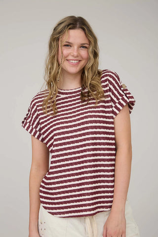 Stripe Textured Knit Short Tab Sleeve Knit Top