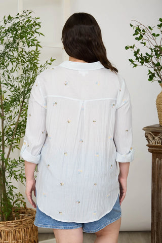 Stripe Floral Embroidery Button Down Top