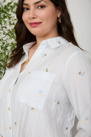 Stripe Floral Embroidery Button Down Top